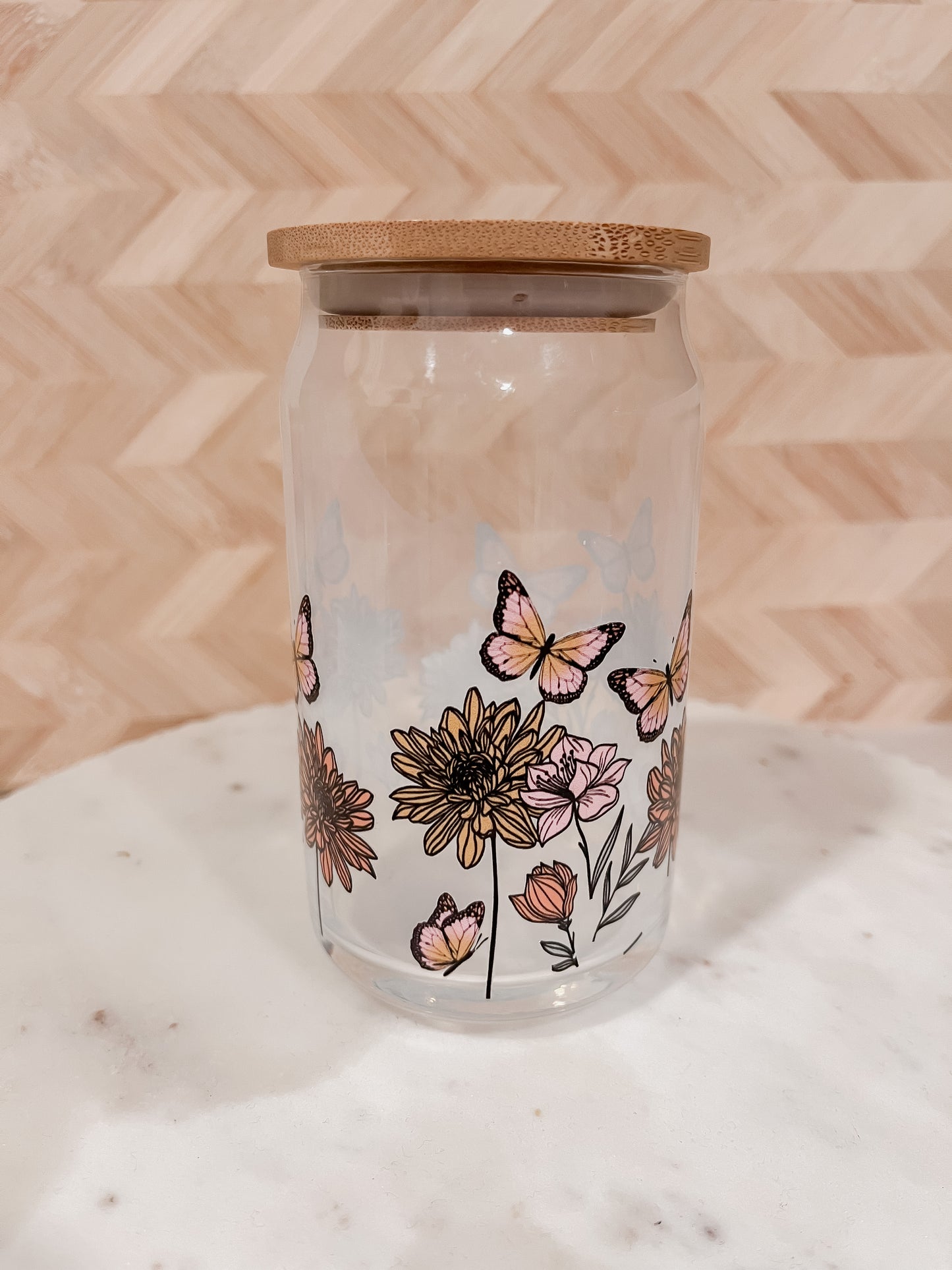 Butterfly Floral Glass Can 16 oz.